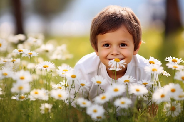 Niño feliz disfrutando en el campo de hierba y soñando niño divertido con margaritas en los ojos niños en el grío