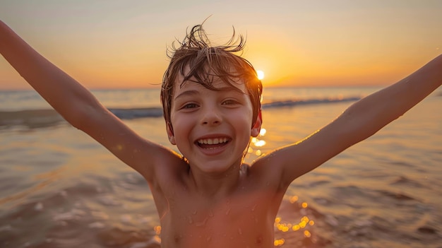 Un niño feliz disfrutando de la playa al atardecer.