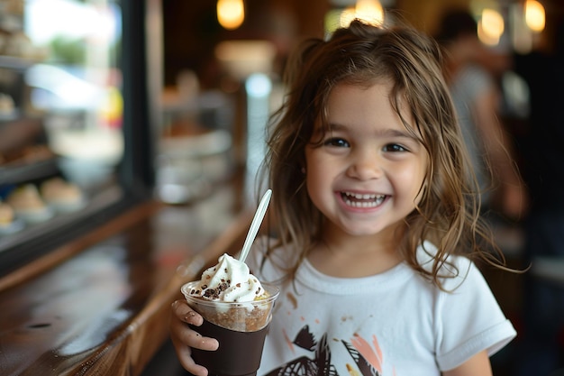 Niño feliz disfrutando de una taza de helado con IA generada