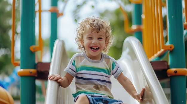 niño feliz en edad preescolar jugando en un tobogán en el patio de recreo en verano