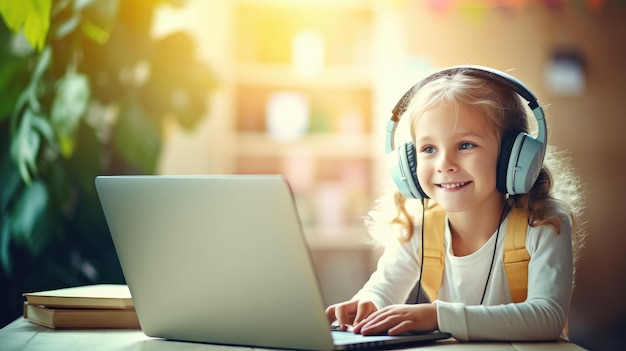 Niño feliz Elearning en casa Laptop y auriculares para trabajo escolar remoto