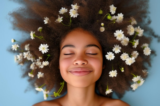 Niño feliz con una flor en el cabello IA generativa