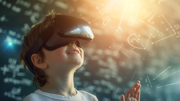 Un niño feliz con gafas de realidad virtual en el fondo con fórmulas matemáticas