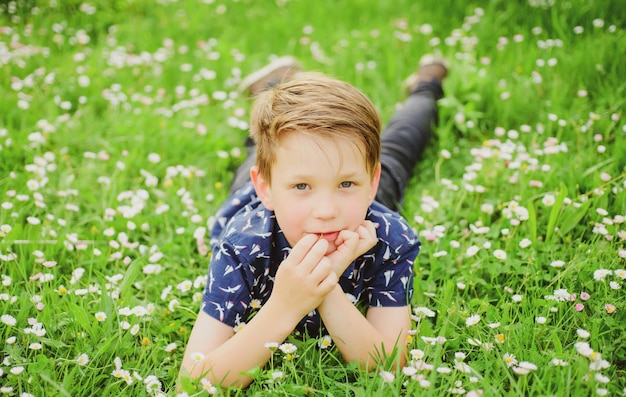 Niño feliz en la hierba Niño lindo disfrutando en flor de campo Niño soñando