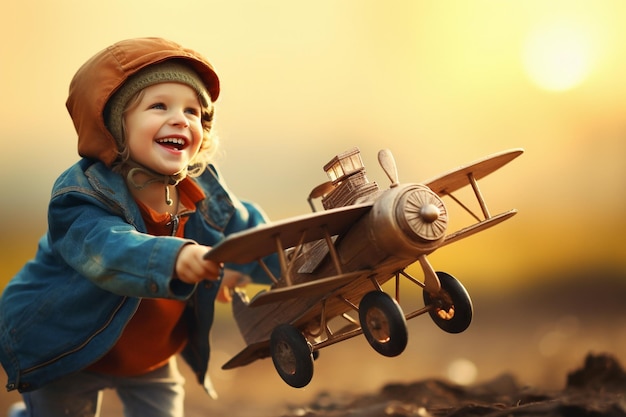 Niño feliz jugando con avión de juguete