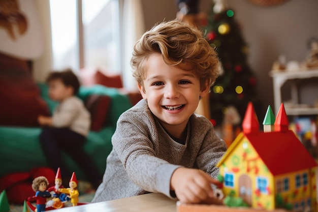 Niño feliz jugando en casa en Navidad y Año Nuevo 2024