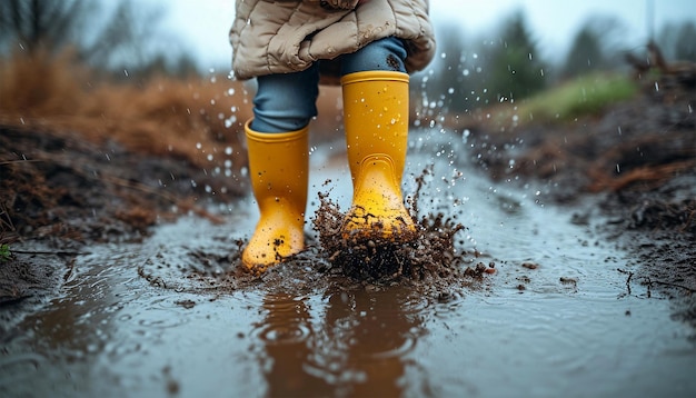 Foto niño feliz jugoso saltando en un charco con botas de lluvia amarillas primer plano de un niño con lluvia amarilla