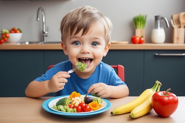 Un niño feliz y lindo come comida saludable.