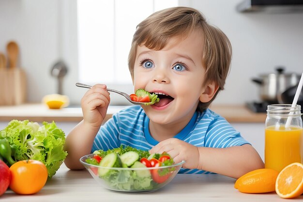 Un niño feliz y lindo come comida saludable.