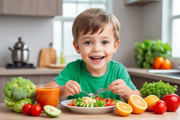 Un niño feliz y lindo come comida saludable.