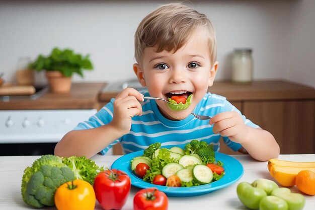 Un niño feliz y lindo come comida saludable.