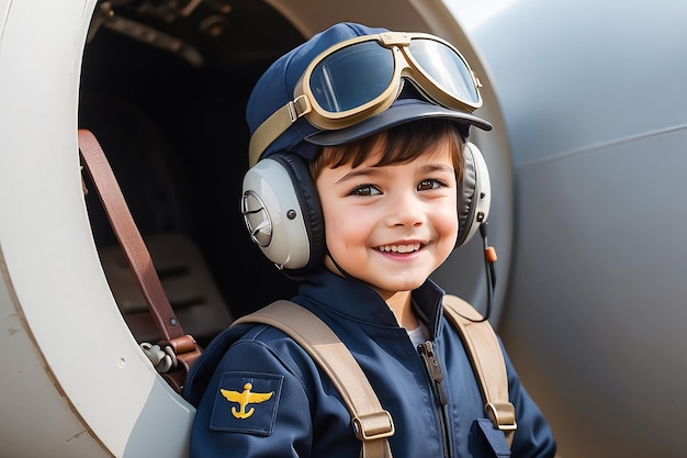 Un niño feliz y lindo con un uniforme de piloto.