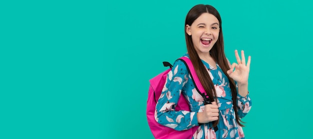 Niño feliz llevar mochila yendo a la escuela guiñando un ojo y mostrar gesto de ok de regreso a la escuela Cartel aislado horizontal de estudiante de la escuela Retrato de encabezado de pancarta de espacio de copia de colegiala