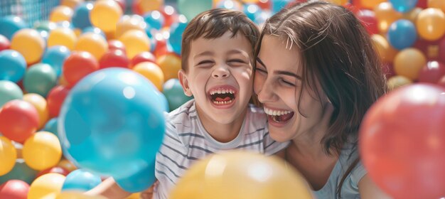 Niño feliz y madre disfrutando de un momento divertido en el pozo de bolas en la fiesta de cumpleaños de los niños