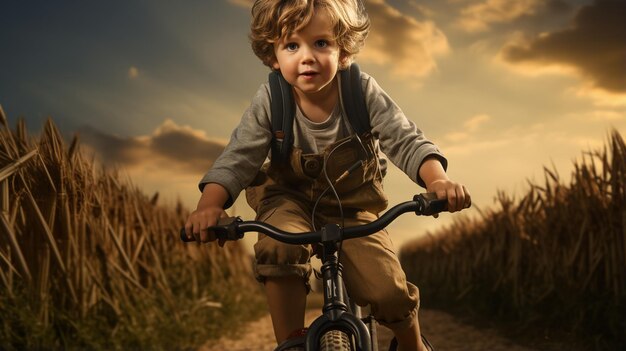 niño feliz montando una bicicleta en el campo al atardecer