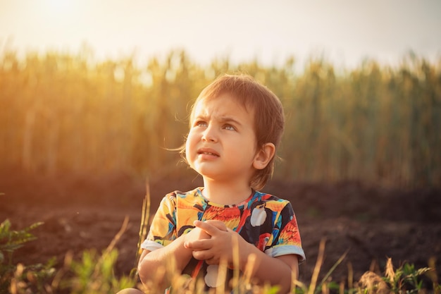 Niño feliz en la naturaleza Infancia feliz en el pueblo Un niño en el pueblo caminando en un campo de trigo Ucraniano