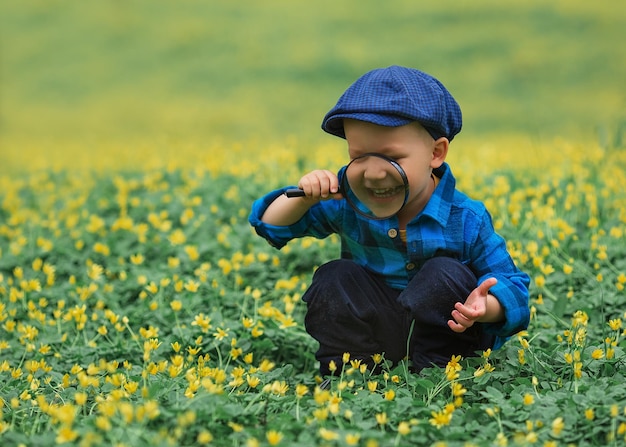 Niño feliz niño feliz explorando la naturaleza con lupa concepto de verano de niño y naturaleza