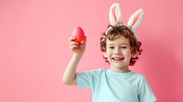 Un niño feliz con orejas de conejo sosteniendo un huevo de Pascua de color contra un fondo rosa