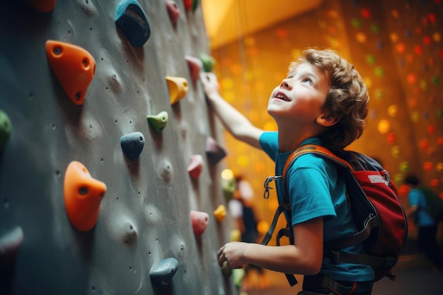 Foto niño feliz en una pared de escalada sube entrenamiento de escalada en roca infantil