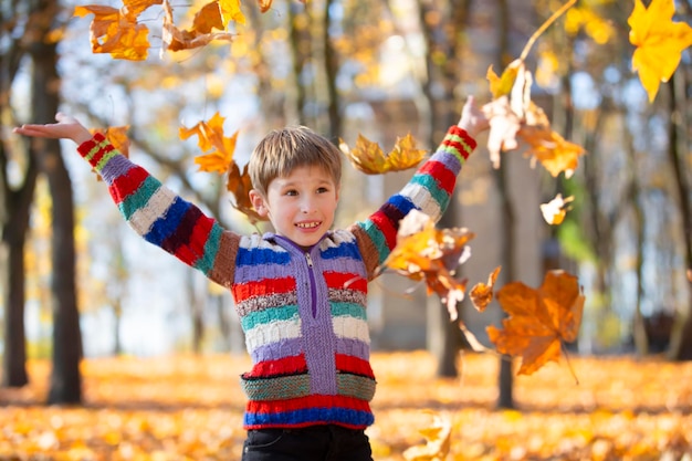 Niño feliz en el parque de otoño arroja hojas