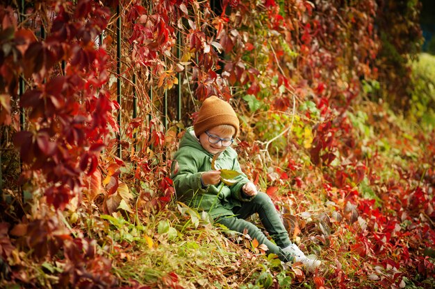 Niño feliz en el parque en otoño