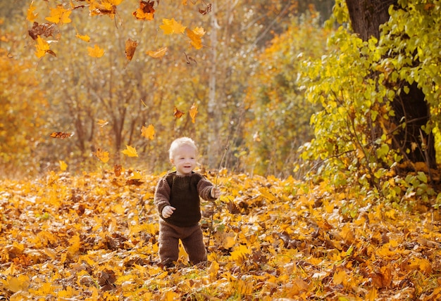 Niño feliz en el parque otoño