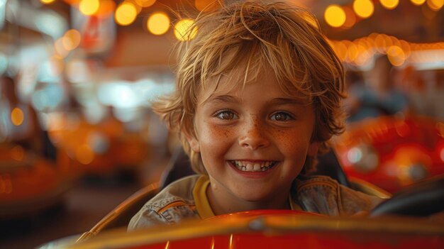 Niño feliz en un paseo en carrusel en un parque de atracciones con luces brillantes