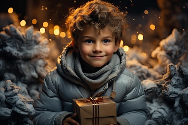 Niño feliz de pelo rizado con regalo de Navidad sobre fondo bokeh Contenido de IA generativa de primer plano