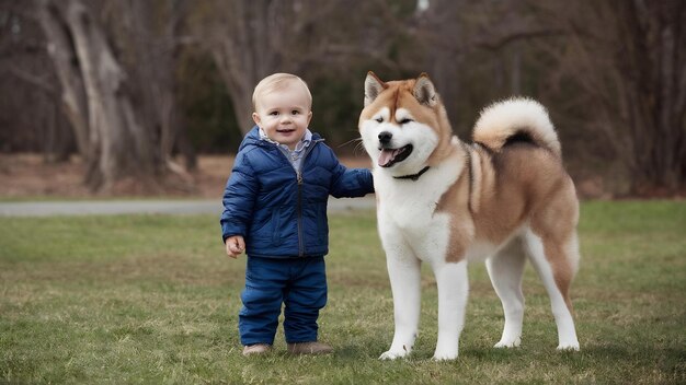 Foto un niño feliz se para ante un perro akita inu en el parque de invierno.