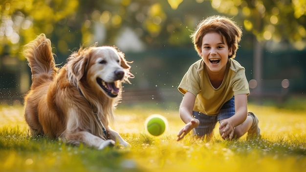 Un niño feliz y un perro jugando con una máquina automática de lanzar y recoger bolas de tenis