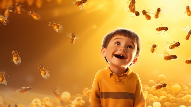 Foto niño feliz de pie en el fondo de miel