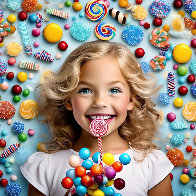 Niño feliz con piruletas coloridas sobre un fondo de caramelos dulces