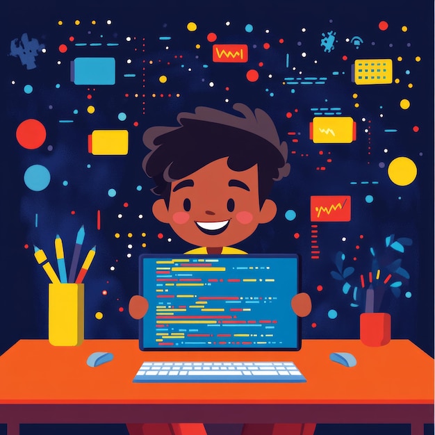 Un niño feliz programando en su computadora.