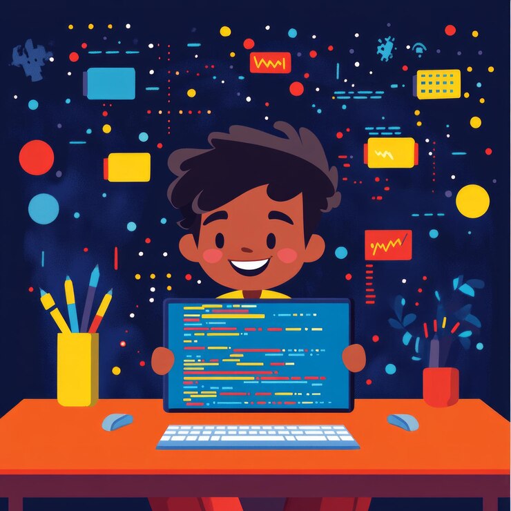 Foto un niño feliz programando en su computadora.