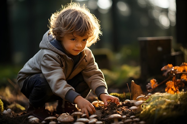 Niño feliz recogiendo setas en el bosque de otoño Temporada de recolección y ocio personas concepto de otoño