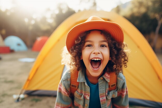 Un niño feliz riendo de la cámara junto a la tienda de campamento