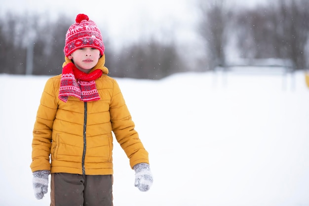 Niño feliz en ropa brillante camina en un día de invierno