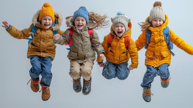 Un niño feliz saltando en el aire sobre un fondo blanco con el concepto de felicidad movimiento de libertad infantil y la gente