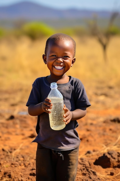 Un niño feliz y sediento con una botella de agua potable fresca en la mano.