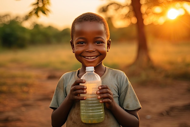 Niño feliz y sediento con una botella de agua potable pura en la mano El problema del suministro de agua a las zonas más secas de África