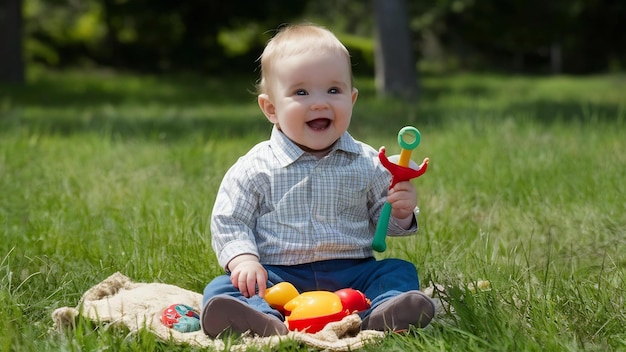 Un niño feliz sentado con un juguete