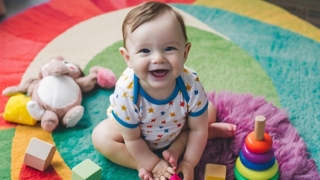 Un niño feliz sentado con un juguete