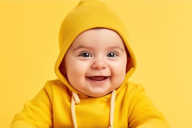 Niño feliz con sobrepeso en sudadera con capucha amarilla sobre fondo de estudio amarillo