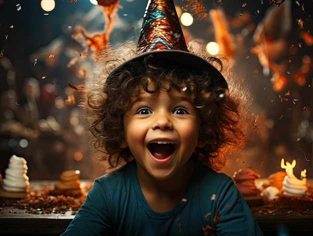 niño feliz con sombrero de fiesta mirando a la cámara con confeti rociado