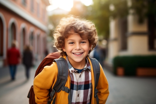 Un niño feliz y sonriente llevando una mochila yendo a la escuela Generative Ai