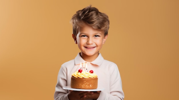 Un niño feliz y sonriente sostiene un pastel festivo con velas Se prepara para una fiesta o celebración de cumpleaños Expresa buenas emociones Fiesta de cumpleños para niños Generativo ai