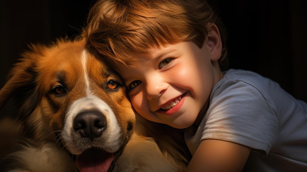 Foto un niño feliz y sonriente con su perro.