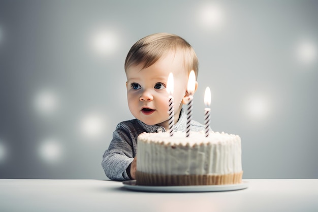 niño feliz soplando tres velas en un pastel en una fiesta de cumpleaños