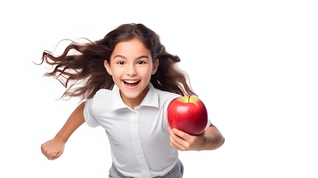 Niño feliz sostener el libro de la escuela para estudiar y el almuerzo de manzana aislado en blanco de vuelta a la escuela