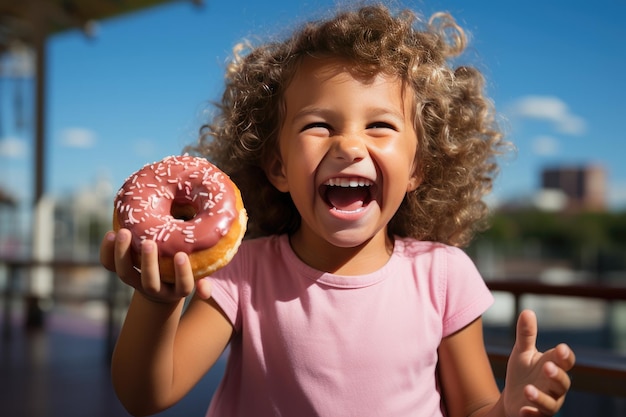 Niño feliz sosteniendo un donut rosa generativo IA